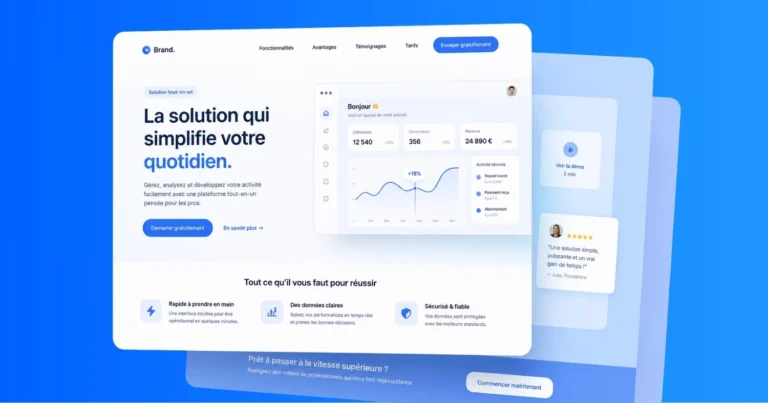 Exemple de landing page professionnelle en français avec CTA conversion et témoignages clients