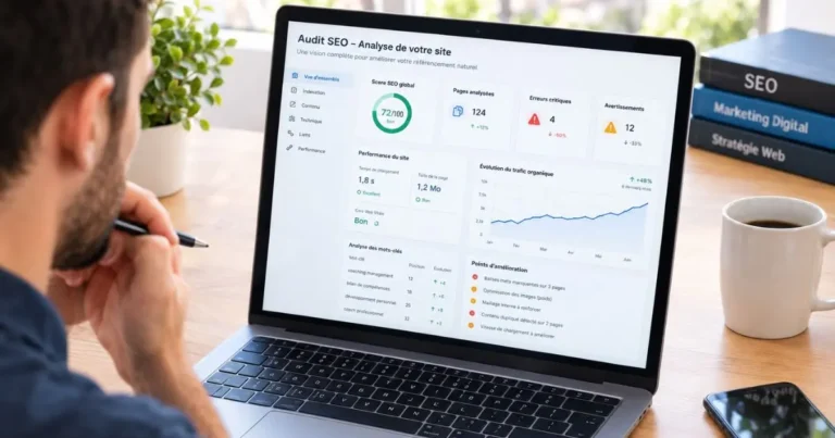 Audit SEO site web : un professionnel analyse les performances et le référencement d'un site.